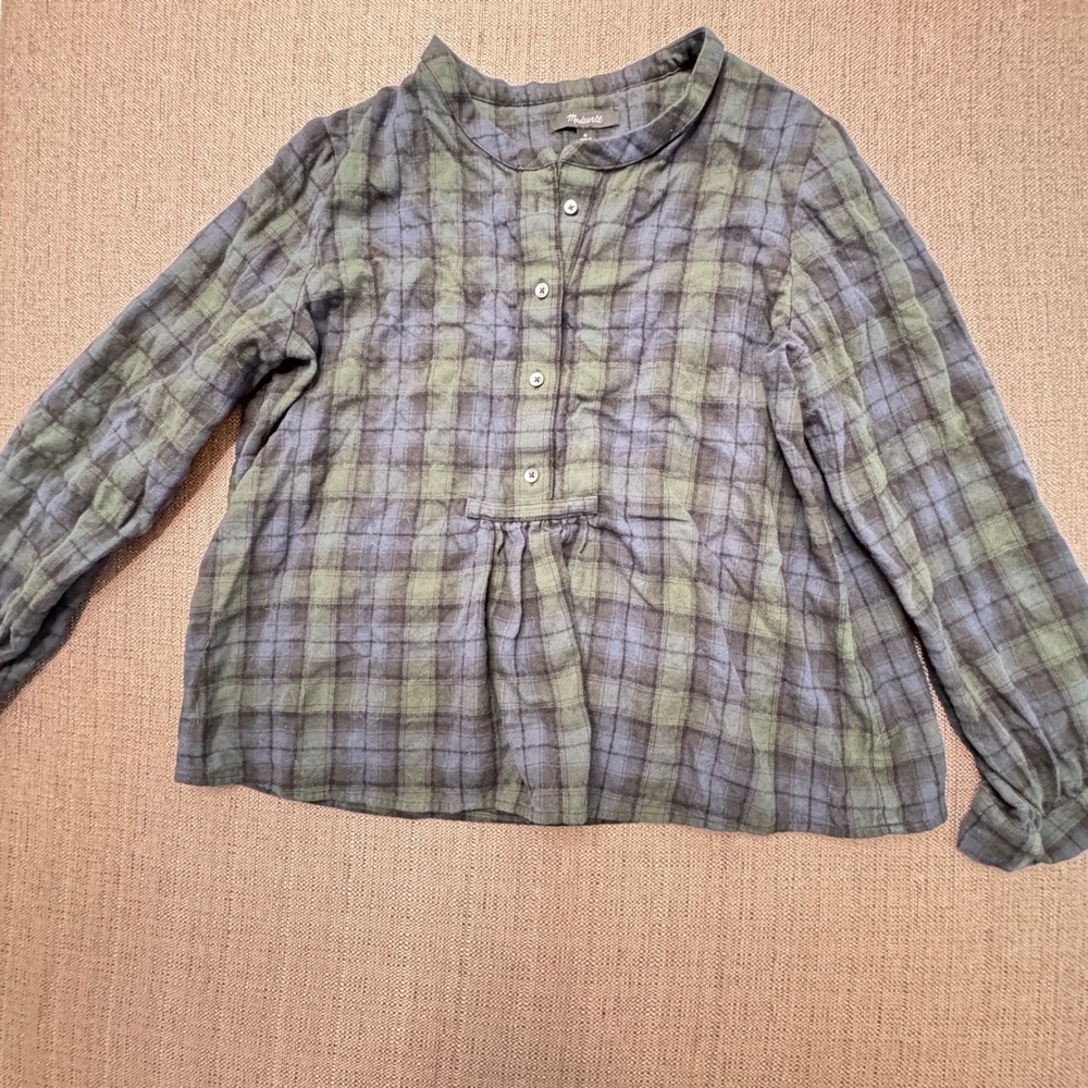 Madewell Plaid Flannel Button Front Top Green Blue Cotton Wool Blend Medium